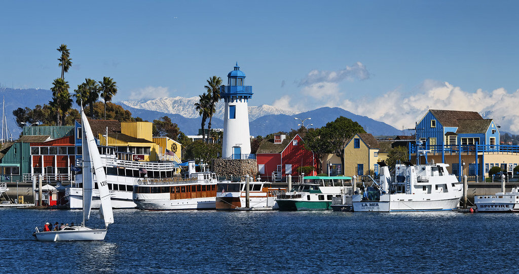 Fisherman Village and sailboats along the Marina del Rey waterfront