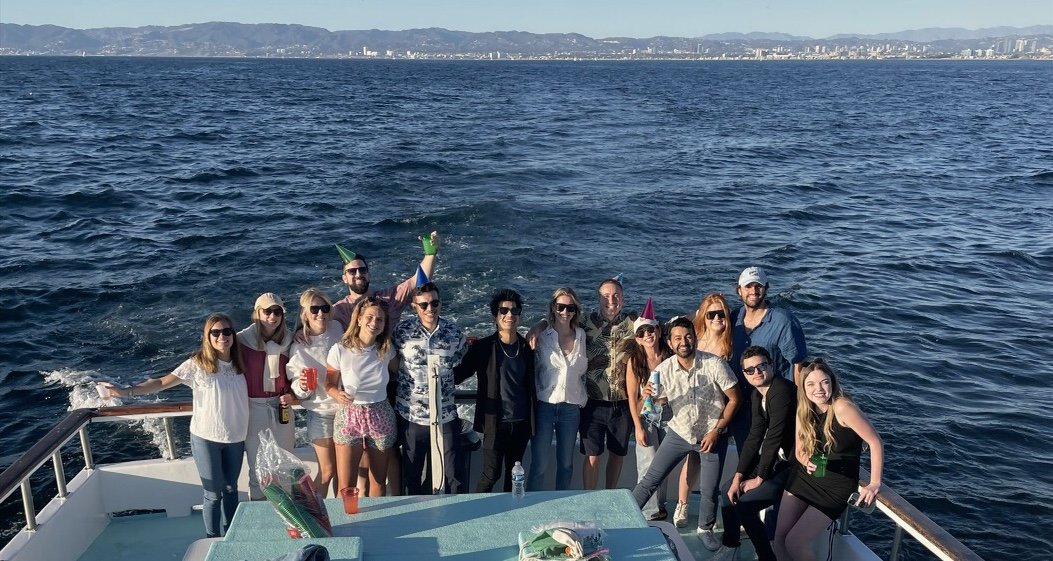 Large group celebrating on Sea Trek during a private charter along the Los Angeles coast